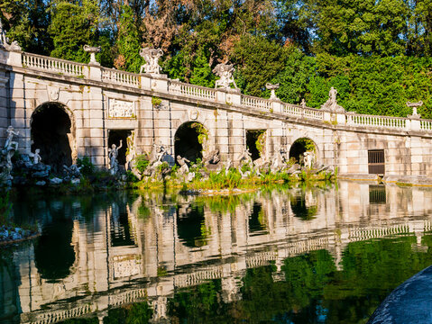 Stunning view of Eolo fountain with arches and marble statues, Royal Palace of Caserta, Italy