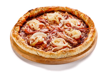 Pizza with ham, mozzarella, champignon, tomatoes and onion on white background
