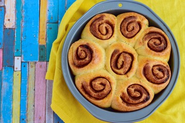 Fresh homemade Cinnamon rolls or Cinnamon buns. Flat lay
