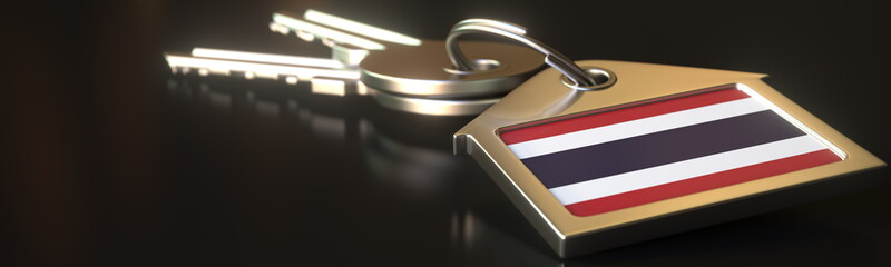 Flag of Thailand on the keychain with two keys. House rental or residence concepts, 3d rendering 