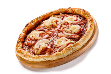 Pizza with ham, mozzarella, champignon, tomatoes and onion on white background
