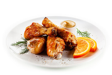 Barbecue chicken drumsticks with vegetables on white background

