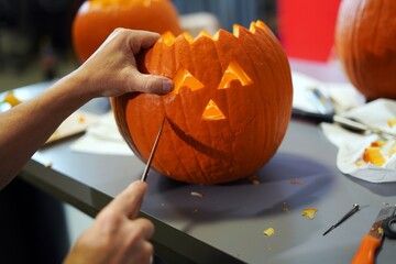 Making halloween pumpkin head jack o lantern at home. Do it yourself.
