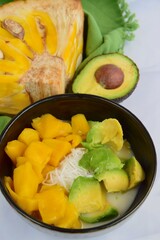 Es Teler, Indonesian cuisine, dessert from jackfruit, avocado, coconut meat, coconut milk on crushed ice