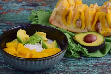 Es Teler, Indonesia cuisine, dessert from jackfruit, avocado, coconut meat, coconut milk on crushed ice