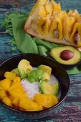 Es Teler, Indonesia cuisine, dessert from jackfruit, avocado, coconut meat, coconut milk on crushed ice