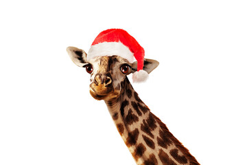 Funny photo of giraffe head in Santa Claus hat isolated on white © Sergey Novikov