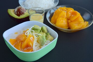 Es Teler is a fruit cocktail from Indonesia. Avocado, coconut meat and jackfruit served with coconut milk, sweetened condensed milk, syrup.