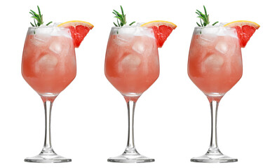 Alcoholic drink with tropical fruits and herbs and ice. Three alcoholic cocktails isolated on white. close up