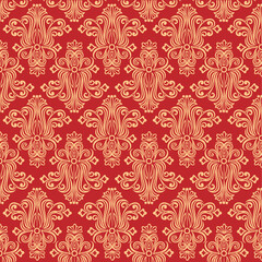 pattern, gold monograms on a red background, vector illustration,