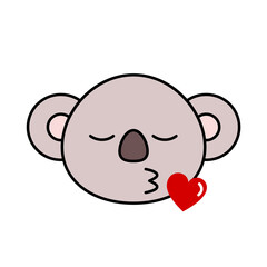 Koala emoji sending kiss. Cute koala blows kiss. Funny kawaii koala in love. Romantic animal character with heart and lips. Isolated on white background. Vector illustration, flat, clip art.