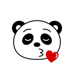 Panda bear emoji sending kiss. Cute panda blows kiss. Funny kawaii panda in love. Romantic animal character with heart and lips. Isolated on white background. Vector illustration, flat, clip art.