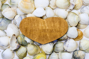 a wooden heart with place for text lies on seashells