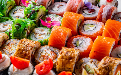 set of sushi roll with salmon, avocado, cream cheese, cucumber, rice, caviar, eel, tuna in plate