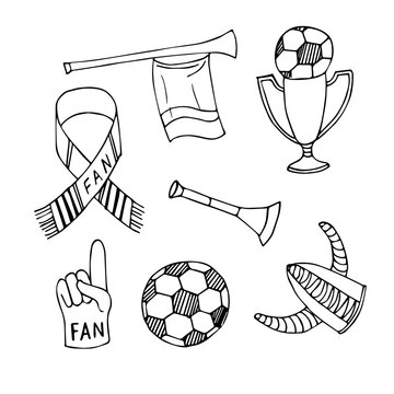 Football fan doodles. Hand drawn black and white elemetns. Stock vector illustration.