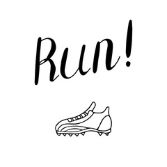 Run lettering football doodle poster. Hand drawn black and white card. Stock vector illustration.