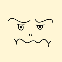 Upset, angry, frowning face emotion. Simple hand drawn outline doodle illustration.