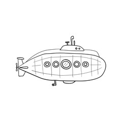Hand drawn submarine with periscope, pig boat outline. Coloring page.