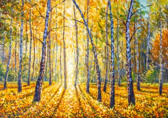 Handgemachte Malerei Birkenherbstwald mit hellem Sonnenlicht auf dem mit üppigem Laub bedeckten Boden. Moderne Grafik des schönen Herbstparks. © weris7554