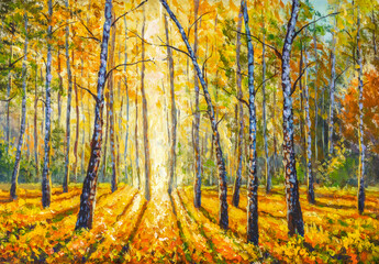 Fototapeta na wymiar Sunny autumn landscape painting: Park alley surrounded with yellow and green birch trees and fallen leaves. Warm sunny autumn day illustration.