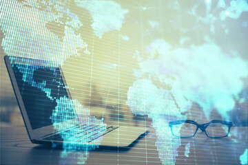 Multi exposure of business theme icons and work space with computer background. Concept of success.