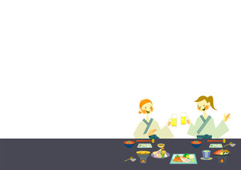 旅館で和食を楽しむ浴衣姿の女性ふたり