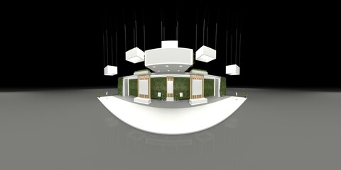 360 degree spherical seamless VR panorama. Empty concrete exhibition booth interior with walls and light stands, 3d rendering illustration