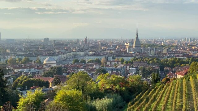 Panoramic view of Turin with Mole Antonelliana, Vittorio's Square, and the Queen's vineyard at the forefront.