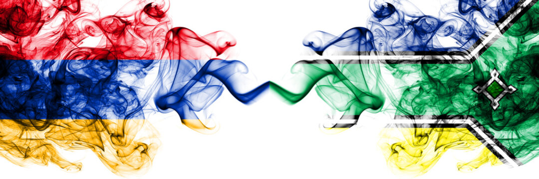 Armenia vs Brazil, Brazilian, Amapa smoky mystic flags placed side by side. Thick colored silky abstract smoke flags