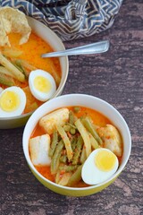 Lontong Sayur, Indonesian cuisine. Compressed rice cake or lontong with vegetables (chayote and yard long beans) cooked in coconut milk and spices. Served with boiled egg and emping cracker