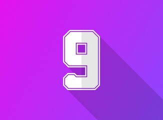 9 font number, modern dynamic design with long shadow on purple gradient background. For logo, brand label, design elements, application and more. Vector illustration