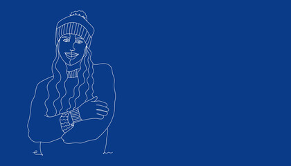 Banner blue Beautiful woman winter portrait - one line drawing. Vector illustration continuous line drawing