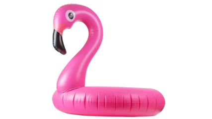 Zelfklevend Fotobehang Pink inflatable flamingo for summer beach isolated on white background. Pool float party. © Maksym