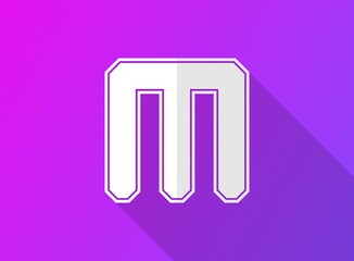 M font letter, modern dynamic design with long shadow on purple gradient background. For logo, brand label, design elements, application and more. Vector illustration