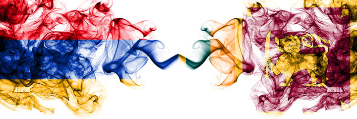Armenia vs Sri Lanka smoky mystic flags placed side by side. Thick colored silky abstract smoke flags