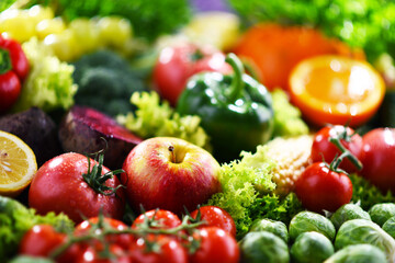 Composition with variety of fresh organic vegetables and fruits