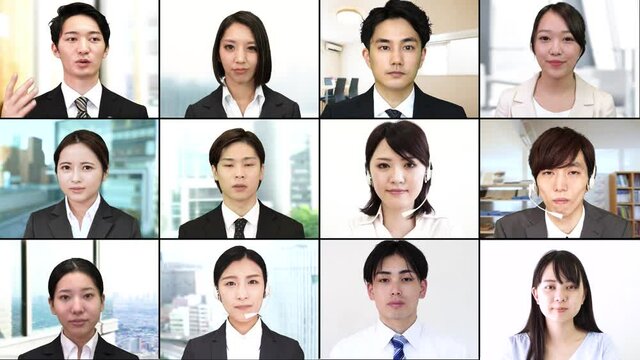 テレワーク　TV会議　ビジネス男女　12人　画面用　左上がホスト　他の人は聞き手　
