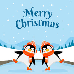 Cute penguin dressed in winter sport clothes. Merry christmas greeting card