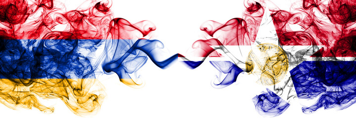 Armenia vs United States of America, America, US, USA, American, Dallas, Illinois smoky mystic flags placed side by side. Thick colored silky abstract smoke flags