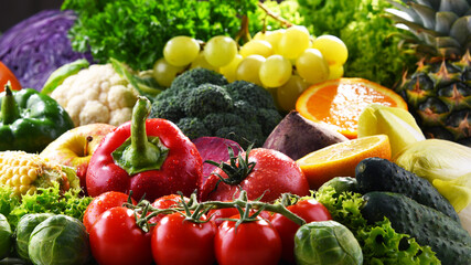 Composition with variety of fresh organic vegetables and fruits
