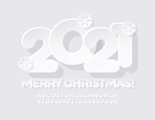 Vector greeting card Merry Christmas 2021 with Snowflakes. White modern Font. Creative Alphabet Letters and Numbers set