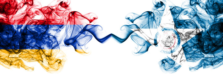 Armenia vs United States of America, America, US, USA, American, Houston, Texas smoky mystic flags placed side by side. Thick colored silky abstract smoke flags