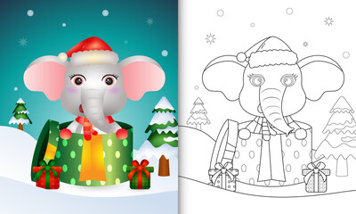 coloring book with a cute elephant christmas characters using santa hat and scarf in the gift box