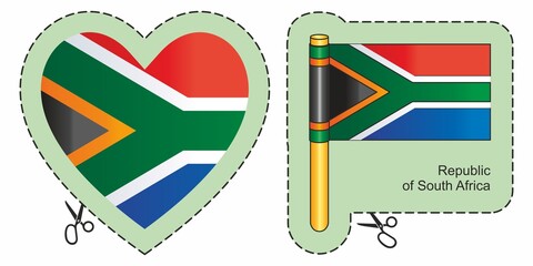 Flag of South Africa. Vector cut sign here, isolated on white. Can be used for design, stickers, souvenirs.