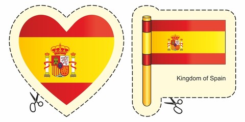 Obraz premium Flag of Spain, Kingdom of Spain. Vector cut sign here, isolated on white. Can be used for design, stickers, souvenirs.