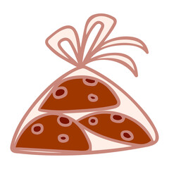 Cookies or gingerbread packaging with ribbon hand drawn vector. Biscuit with chocolate  chip in a beautiful holiday plastic wrap. Doodle element on white background.