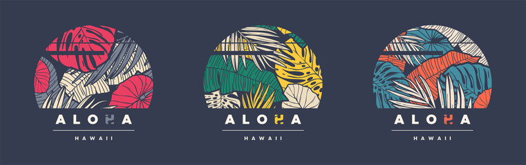 Aloha Hawaii. Set of three colorful tropical vector t-shirt designs, posters, prints, labels - obrazy, fototapety, plakaty