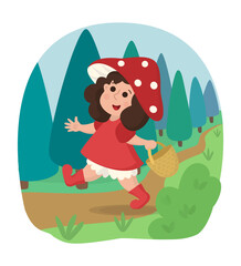 A girl in a red dress runs along a forest path with a basket in her hands. Children's fairy-tale illustration with a character in a cap made of fly agaric. print for poster, postcard, fairytale story