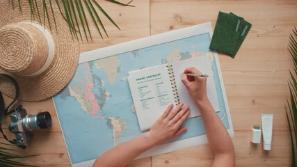 Top-view horizontal flat lay of female hands keeping bullet journal with travel checklist inside