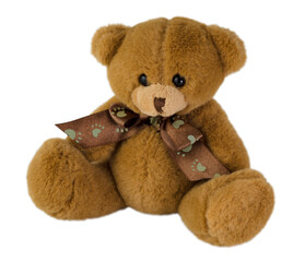 Teddy bear isolated on white background. Soft toy for gift, greeting card, packaging or mock up.